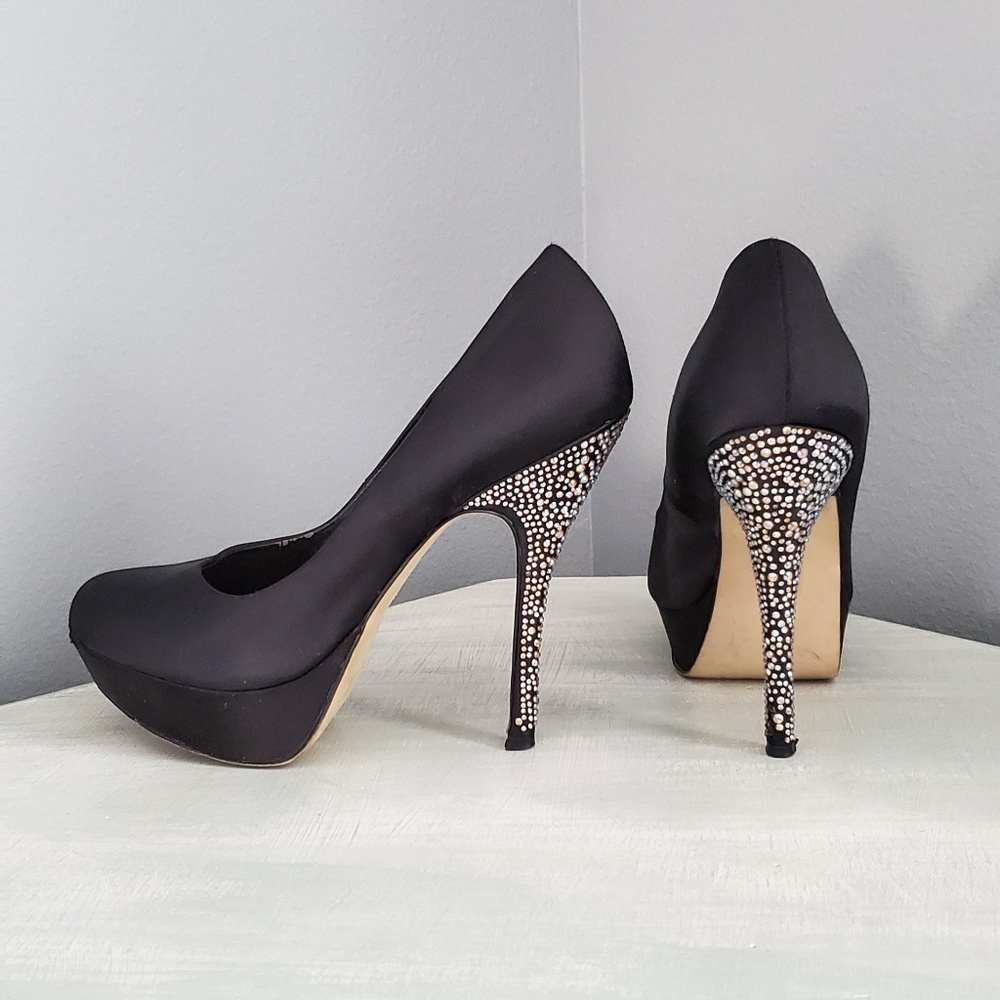 Steve Madden Black Satin, Rhinestone Covered Heels